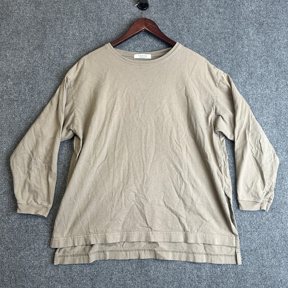 Calux Shirt Mens M Beige Long Sleeve Crew Neck Cotton Relaxed Fit Made USA